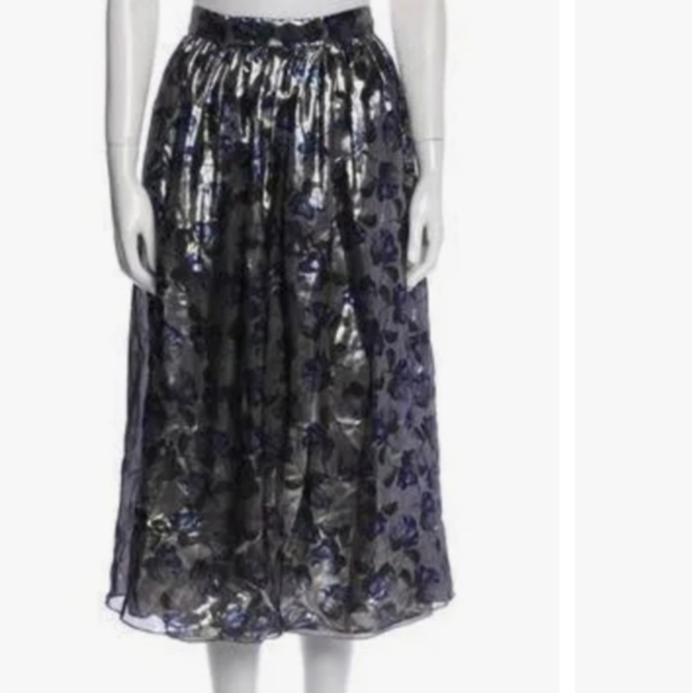 NWT Mother of Pearl Metallic Silk MIDI Skirt Silver & BLUE Size US 6